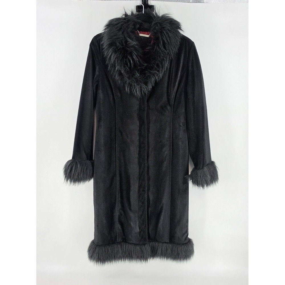 Guess Womens Medium Black Penny Lane Coat Faux Fur Trim Longline Mob Wife Y2K